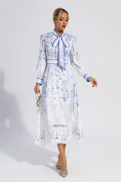 Vogt White Long Sleeve Floral Maxi Dress