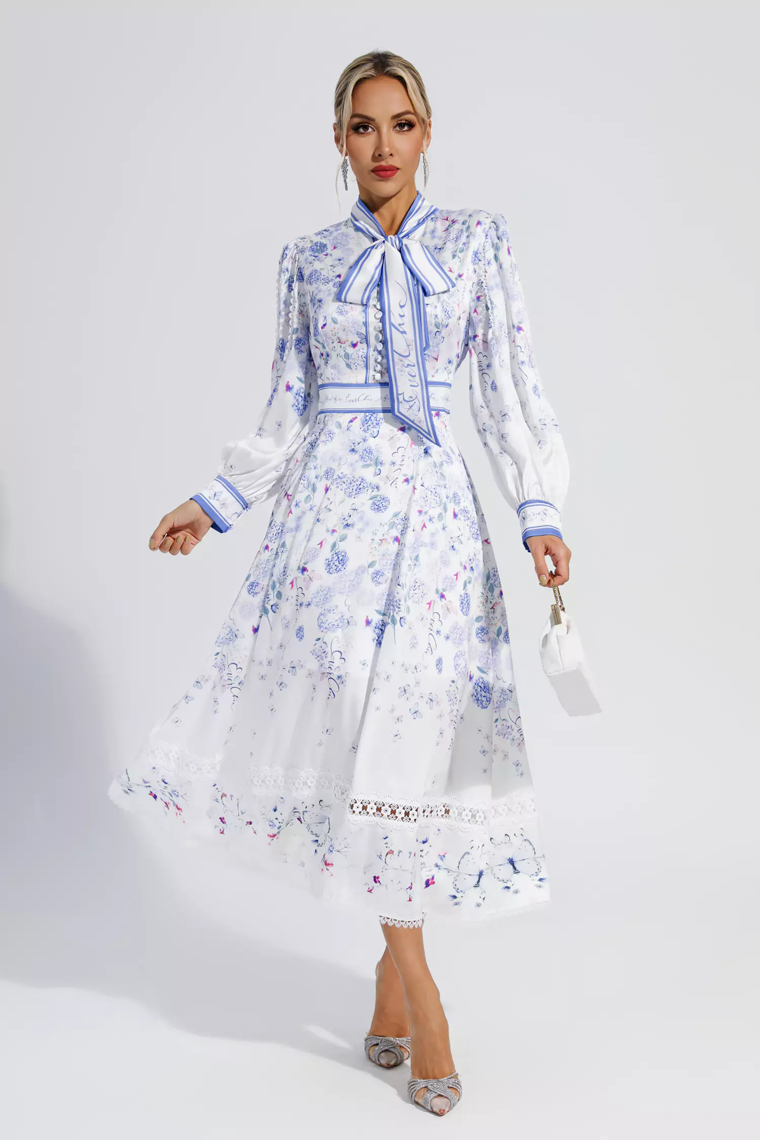 Vogt White Long Sleeve Floral Maxi Dress