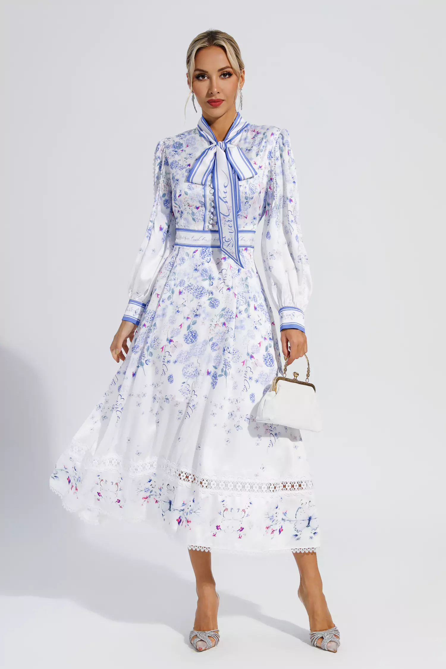 Vogt White Long Sleeve Floral Maxi Dress