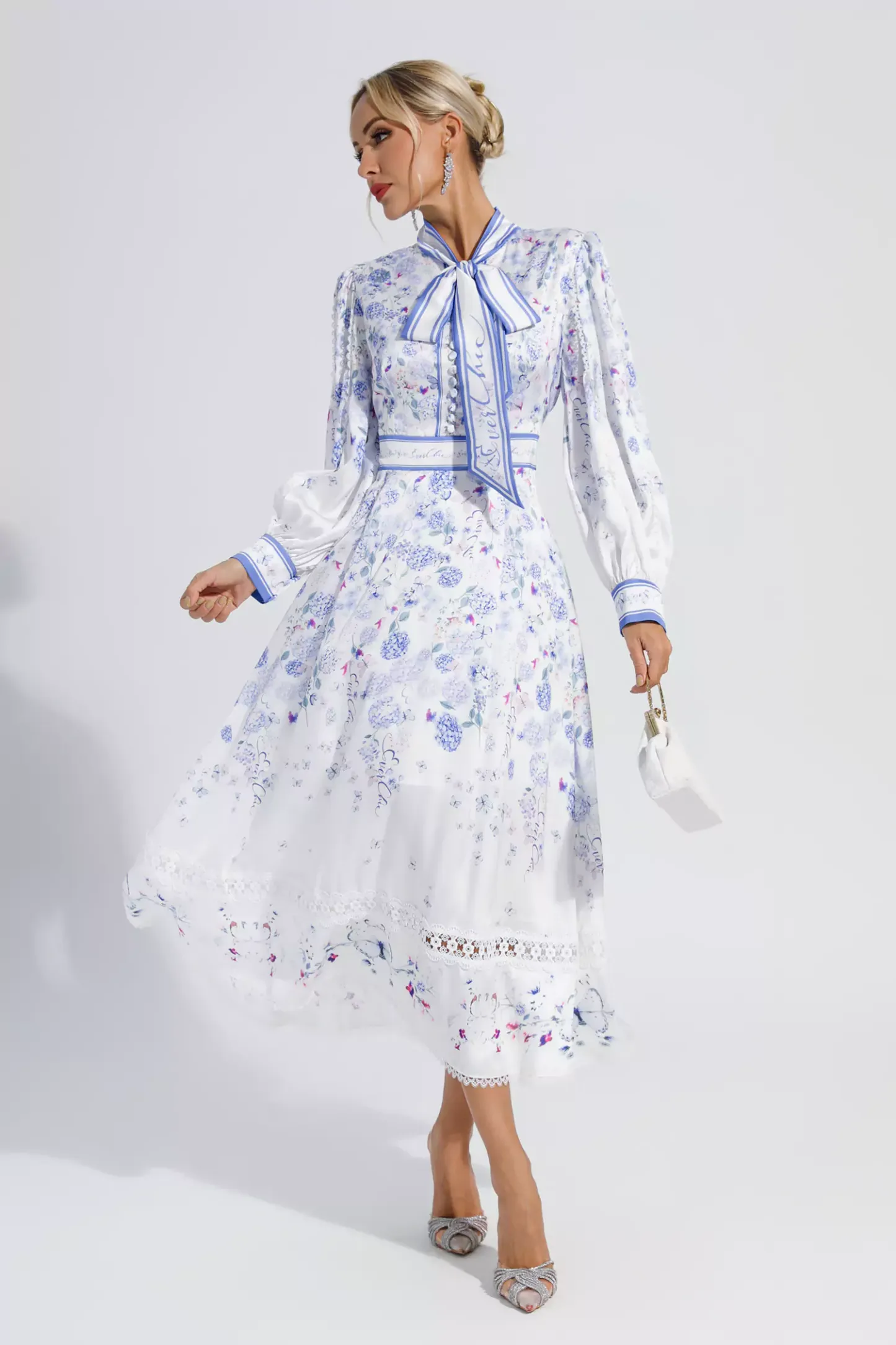 Vogt White Long Sleeve Floral Maxi Dress
