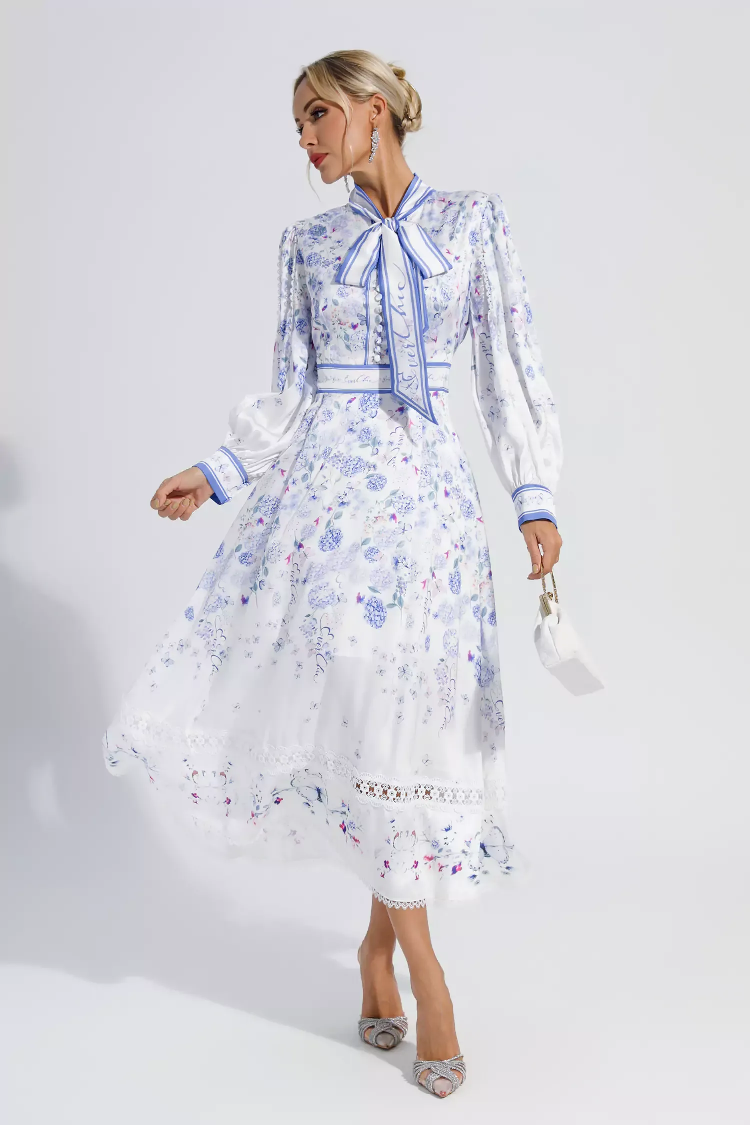 Vogt White Long Sleeve Floral Maxi Dress