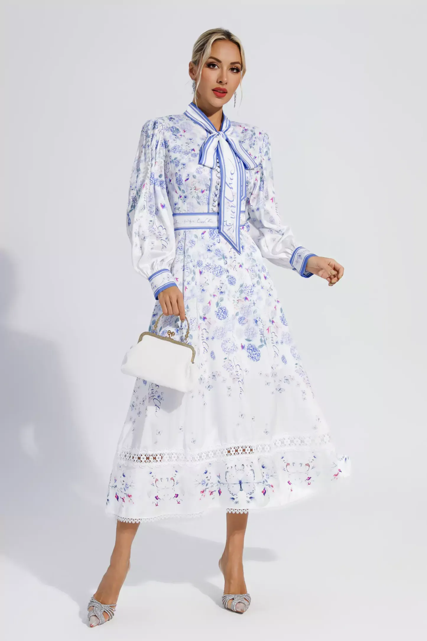 Vogt White Long Sleeve Floral Maxi Dress