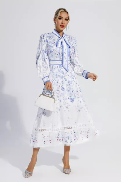 Vogt White Long Sleeve Floral Maxi Dress