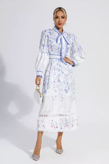 Vogt White Long Sleeve Floral Maxi Dress