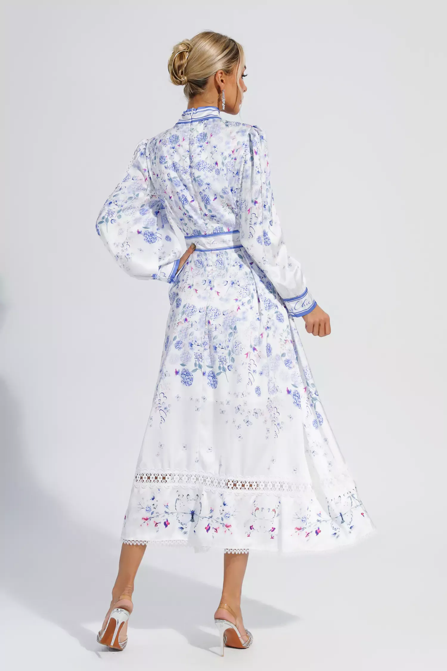 Vogt White Long Sleeve Floral Maxi Dress