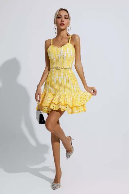 Lesley Yellow Cutout Ruffle Mini Dress