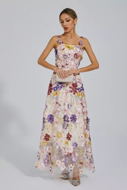 Ternence White Flower Embroidery Maxi Dress