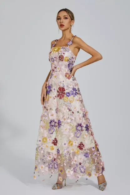 Ternence White Flower Embroidery Maxi Dress
