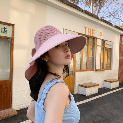 大簷防曬帽子女夏季出遊遮臉可紮馬尾空頂護頸遮陽帽透氣遮陽帽