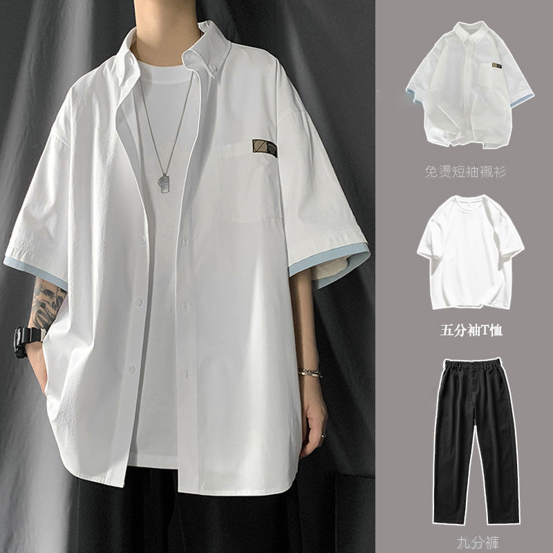 【單件/整套】日系帥氣薄款簡約原宿風短袖+襯衫+褲裝三件套-Nuostyle