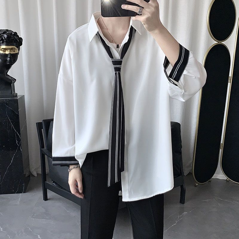 日系條紋休潮流襯衫領七分袖襯衫