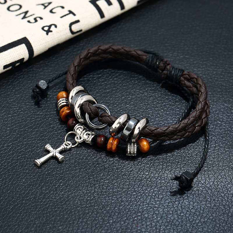 簡約多層串珠皮革手鍊潮人日韓情侶皮繩編織手鍊手繩小物飾品