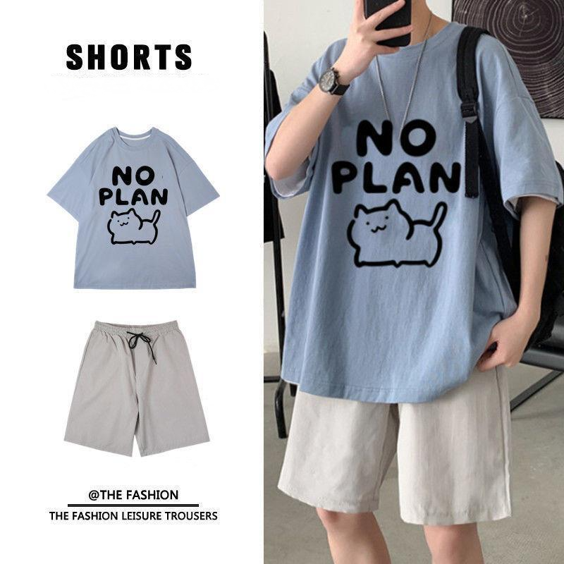 【單件/套裝】貓咪卡通印花ins短袖T恤+系帶運動短褲兩件套套裝