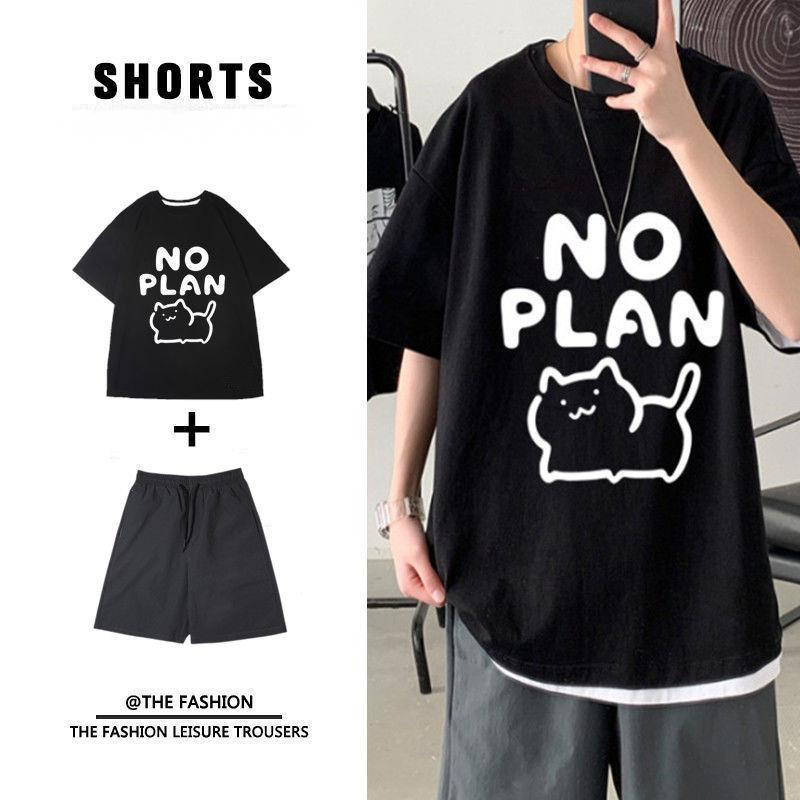 【單件/套裝】貓咪卡通印花ins短袖T恤+系帶運動短褲兩件套套裝