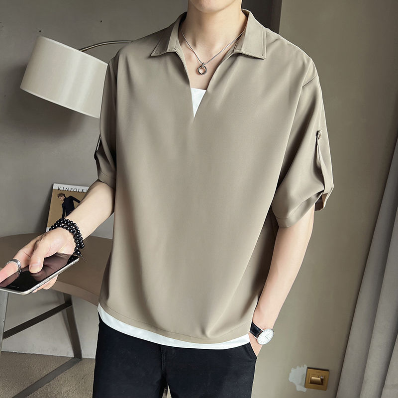 Polo衫冰絲垂感假兩件V領T恤冰感短袖