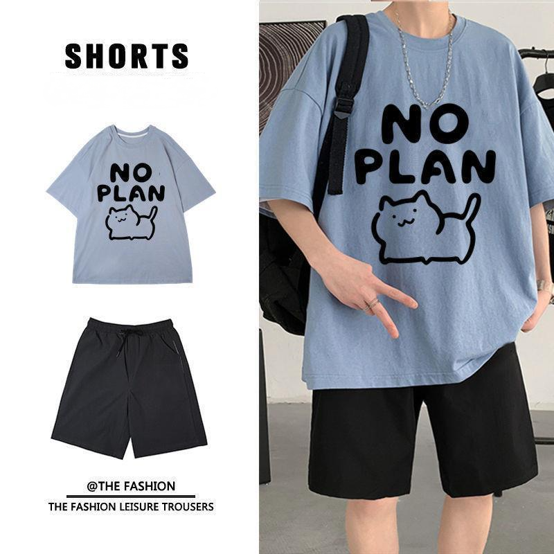 【單件/套裝】貓咪卡通印花ins短袖T恤+系帶運動短褲兩件套套裝