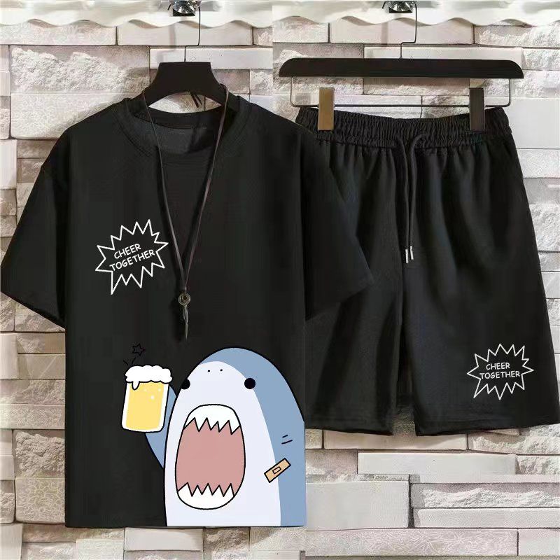 青少年休閒男學生夏季新款修身韓版t恤潮牌短袖短褲1/2件運動套裝