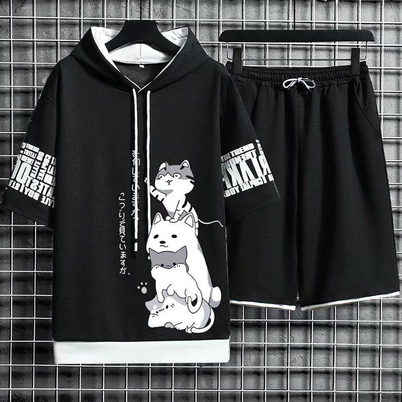 【套裝】連帽印花寬鬆百搭假兩件原宿風短袖短褲套裝