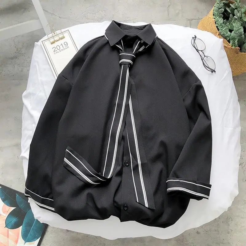 日系條紋休潮流襯衫領七分袖襯衫