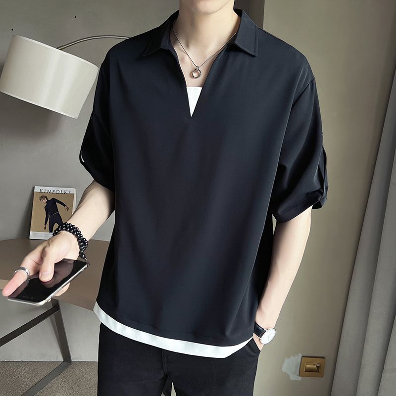 Polo衫冰絲垂感假兩件V領T恤冰感短袖