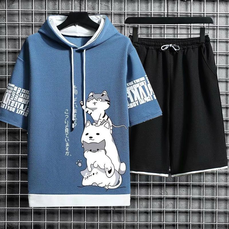 【套裝】連帽印花寬鬆百搭假兩件原宿風短袖短褲套裝