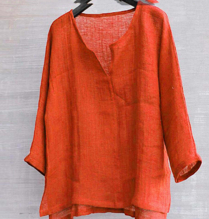 中式棉麻純色寬鬆中國風V領長袖襯衣上衣