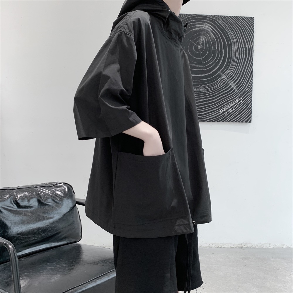 潮流風衣型寬鬆帶帽套頭七分袖短袖t恤-Nuostyle