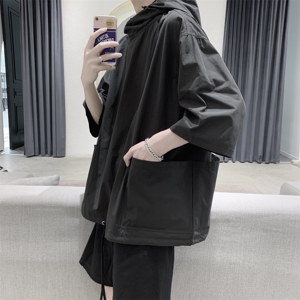 潮流風衣型寬鬆帶帽套頭七分袖短袖t恤-Nuostyle