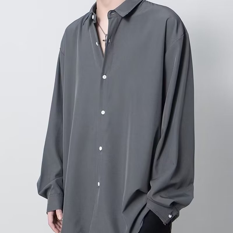 白色長袖韓版垂感寬鬆高級感冰絲涼感dk襯衣-Nuostyle