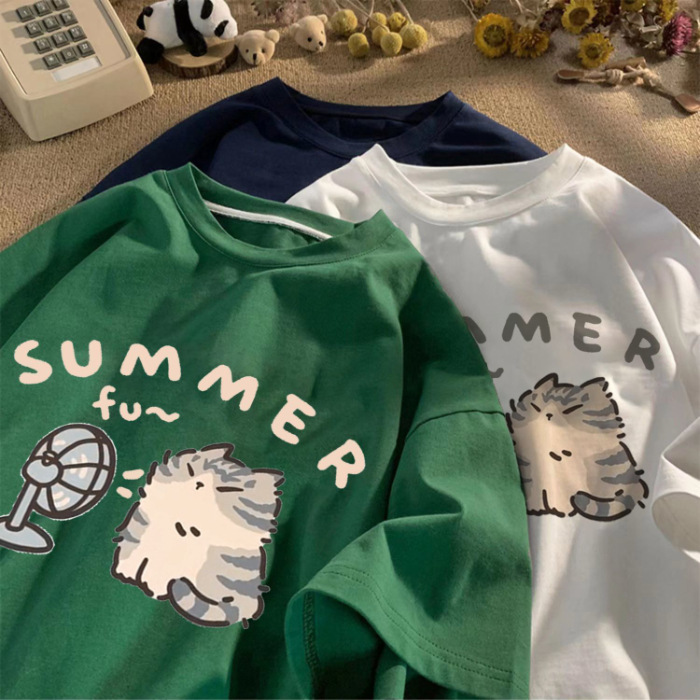 小猫印花字母圆领美式短袖T恤