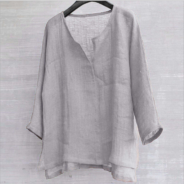 中式棉麻純色寬鬆中國風V領長袖襯衣上衣