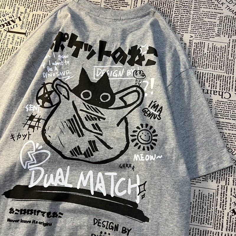 歐美復古口袋貓咪卡通印花學院風短袖上衣