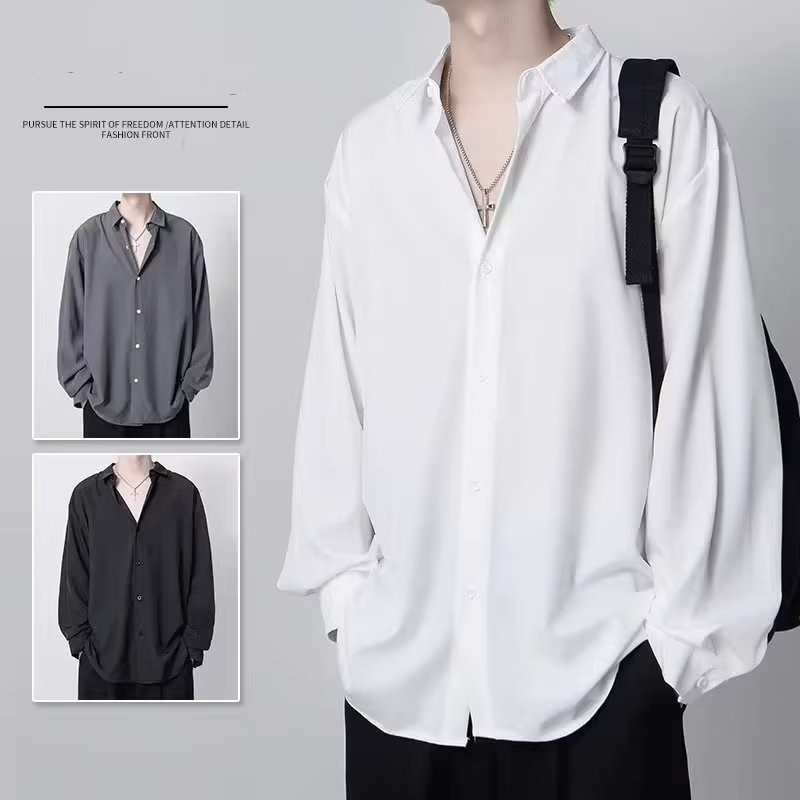 白色長袖韓版垂感寬鬆高級感冰絲涼感dk襯衣-Nuostyle