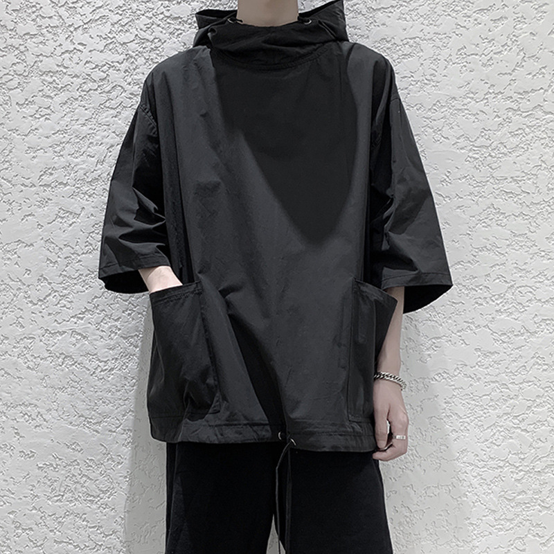 潮流風衣型寬鬆帶帽套頭七分袖短袖t恤-Nuostyle