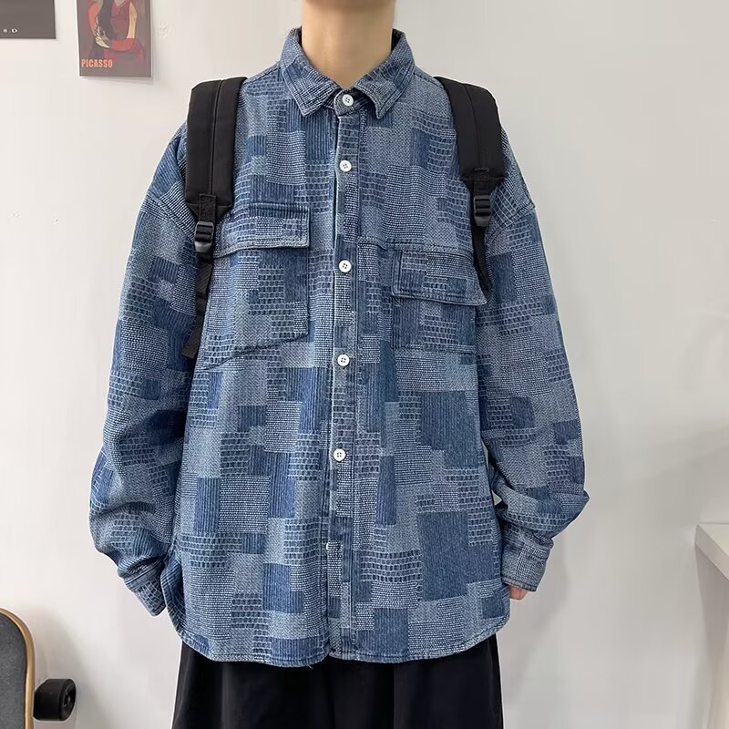 美式復古港風寬鬆日系痞帥格子韓版褂子牛仔外套-Nuostyle