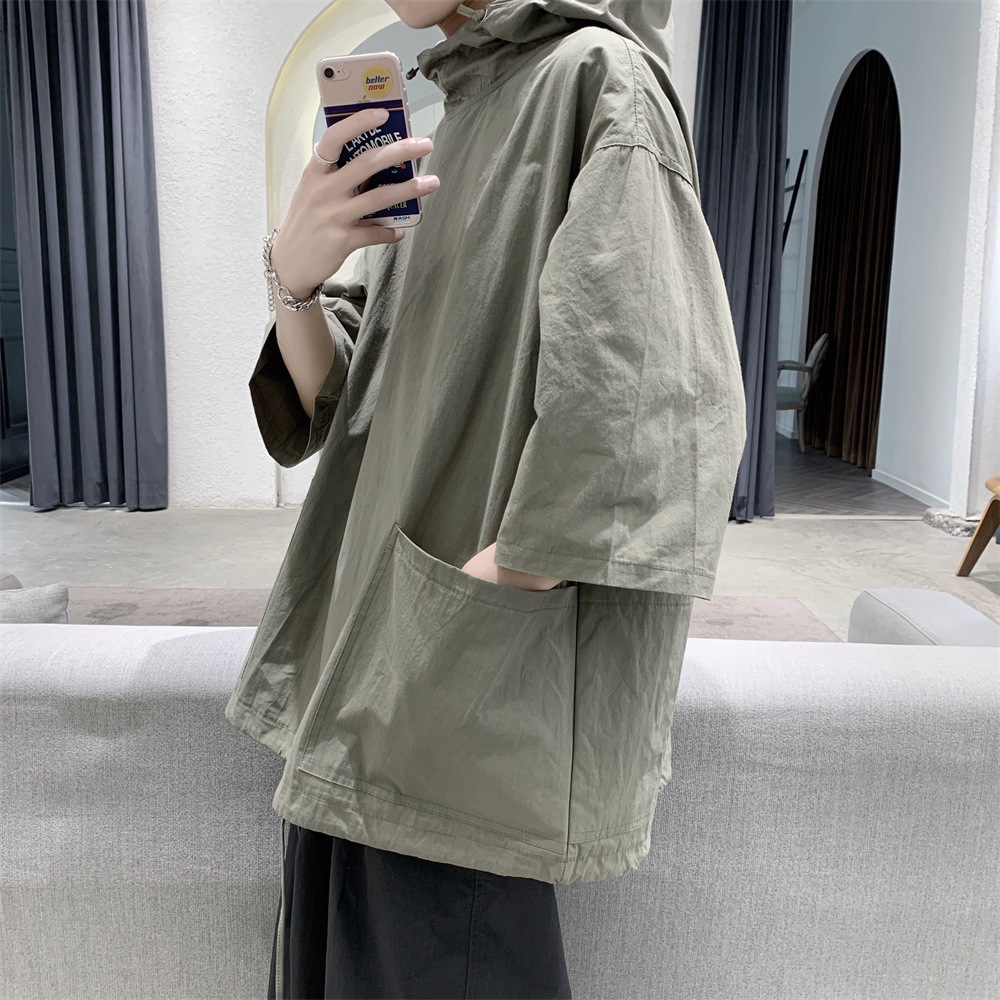 潮流風衣型寬鬆帶帽套頭七分袖短袖t恤-Nuostyle