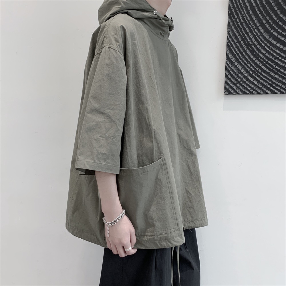 潮流風衣型寬鬆帶帽套頭七分袖短袖t恤-Nuostyle