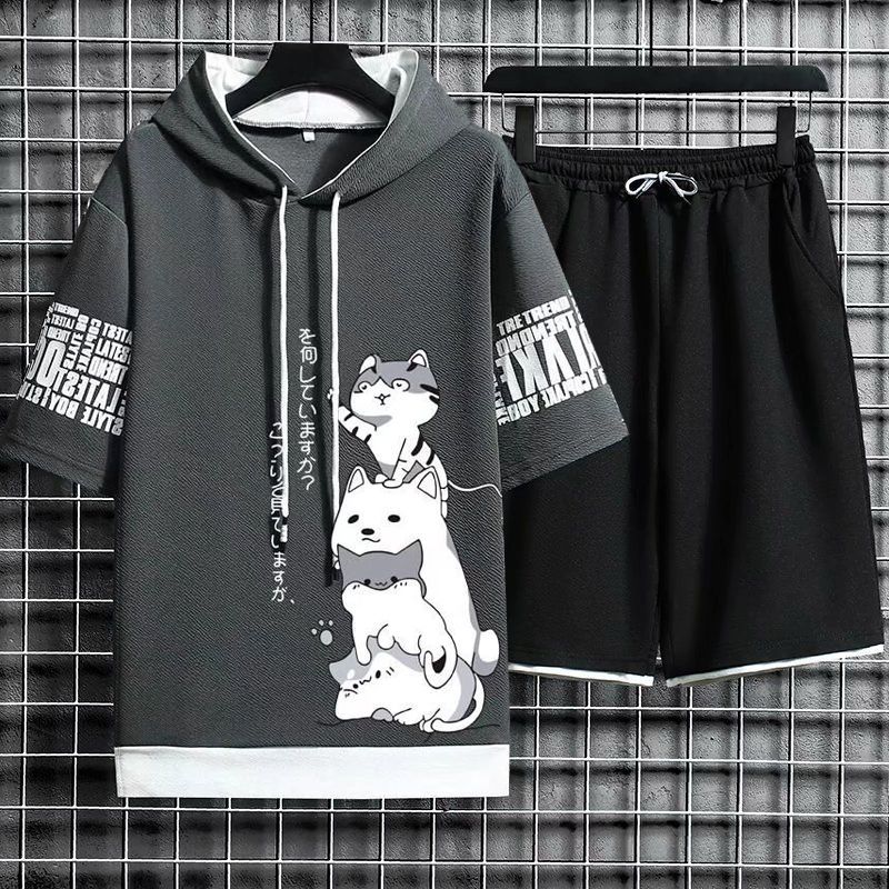 【套裝】連帽印花寬鬆百搭假兩件原宿風短袖短褲套裝