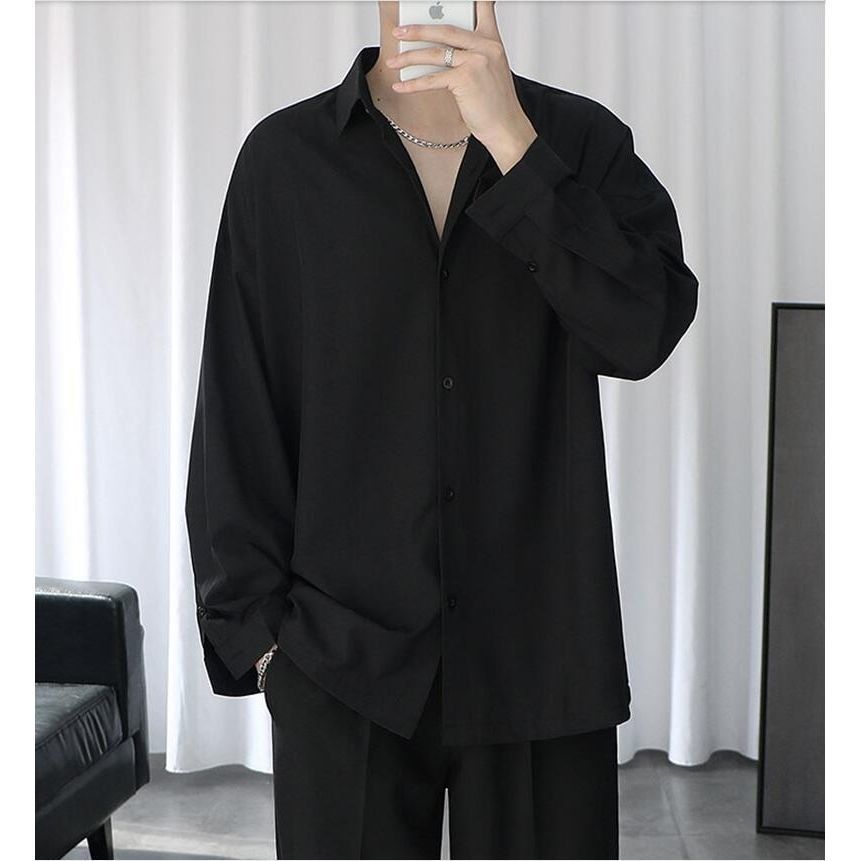 【套裝】高級潮流痞帥韓版長袖襯衫+百搭T恤+系帶九分褲裝三件套