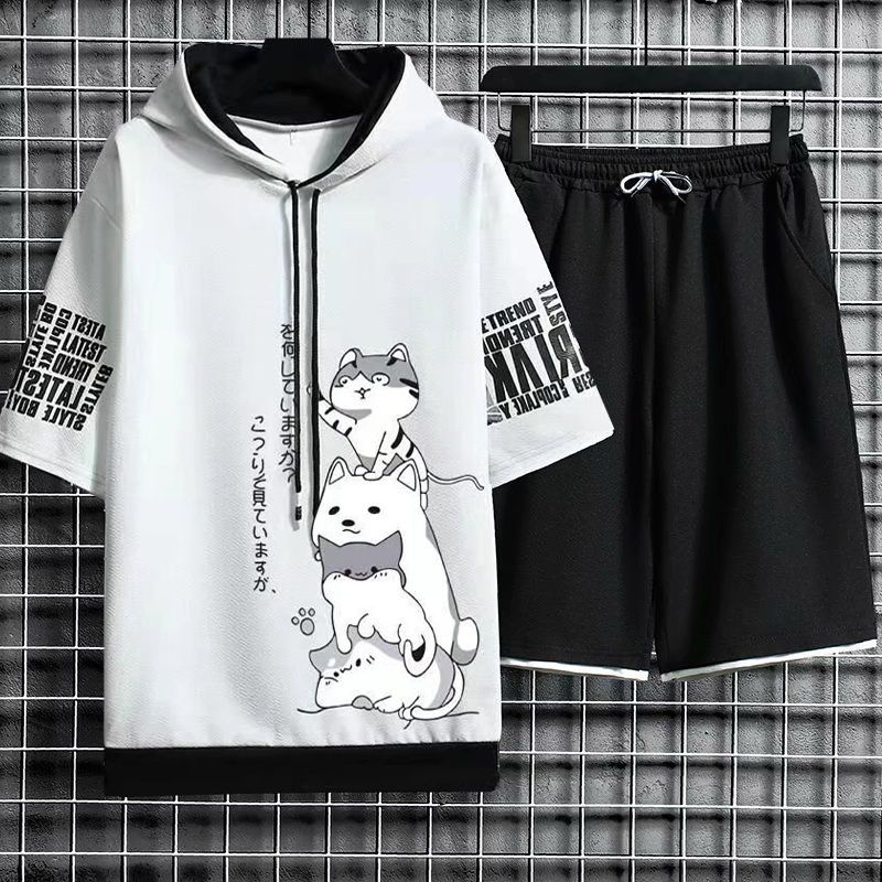 【套裝】連帽印花寬鬆百搭假兩件原宿風短袖短褲套裝