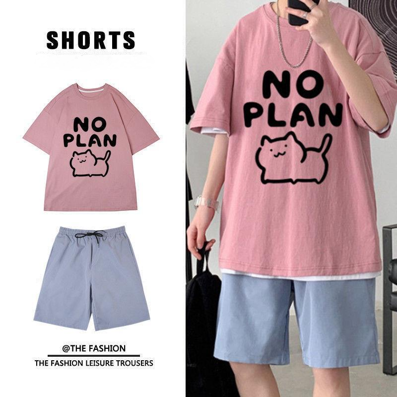 【單件/套裝】貓咪卡通印花ins短袖T恤+系帶運動短褲兩件套套裝
