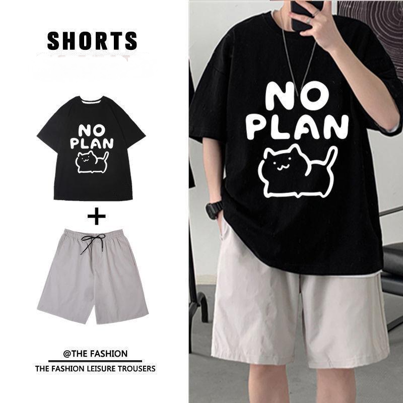 【單件/套裝】貓咪卡通印花ins短袖T恤+系帶運動短褲兩件套套裝