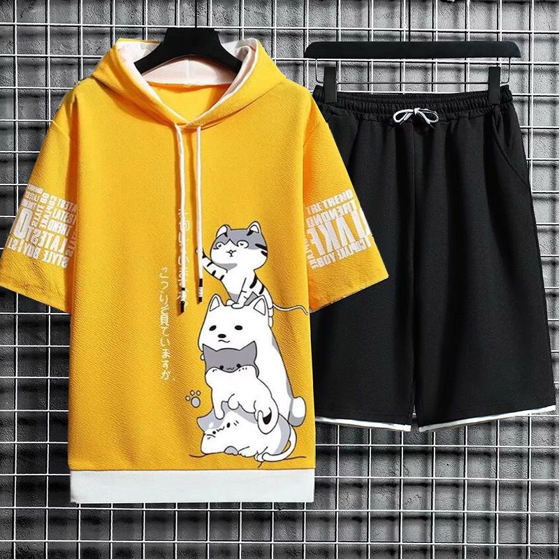 【套裝】連帽印花寬鬆百搭假兩件原宿風短袖短褲套裝