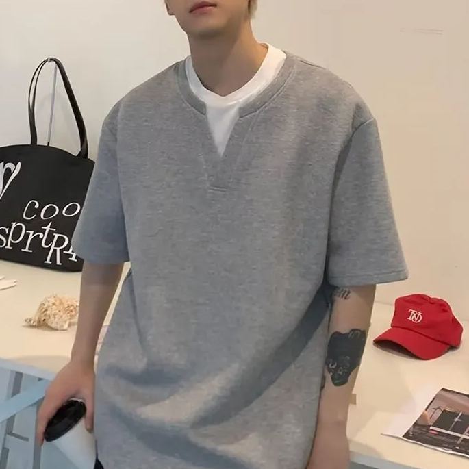 港風設計感假兩件V領寬鬆韓風簡約百搭短袖T恤