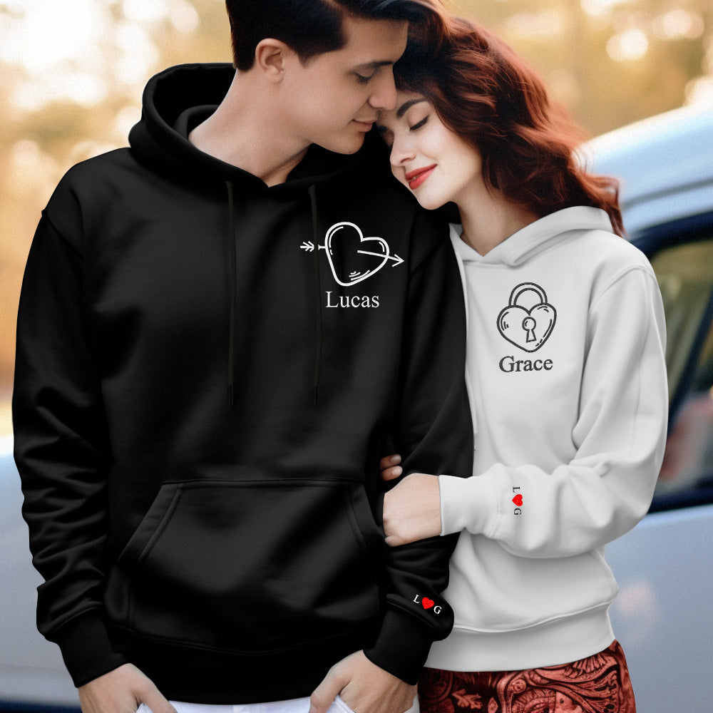 Custom Text Embroidered Hoodie Unique Heart Key And Lock Match Set Couple Sweatshirt