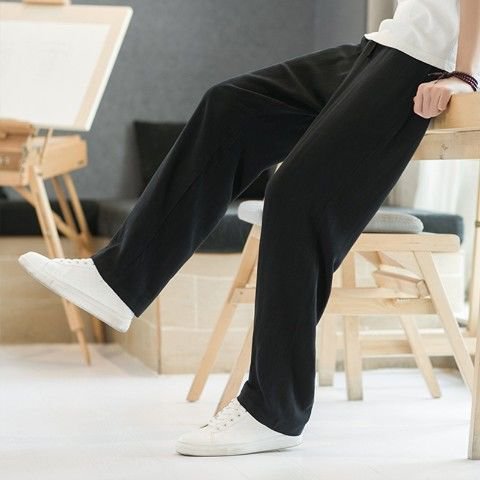 メンズコットンリネンワイドパンツメンズ夏ルーズ細いセクションストレートパンツリネンズボンペンダントドレープカジュアルパンツ
