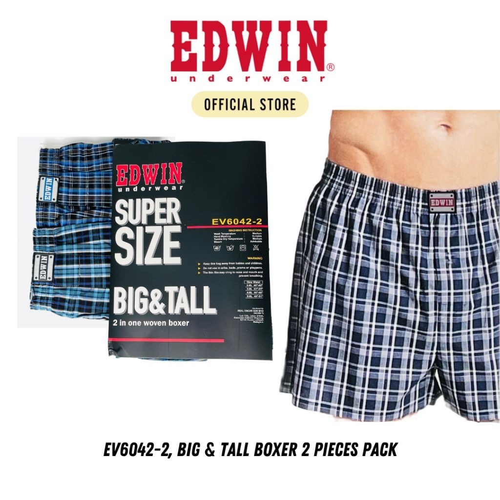 Edwin【EV6042-2】Mens Underwear 100% Cotton BIG & TALL Woven Boxer 2XL-5XL 2pcs