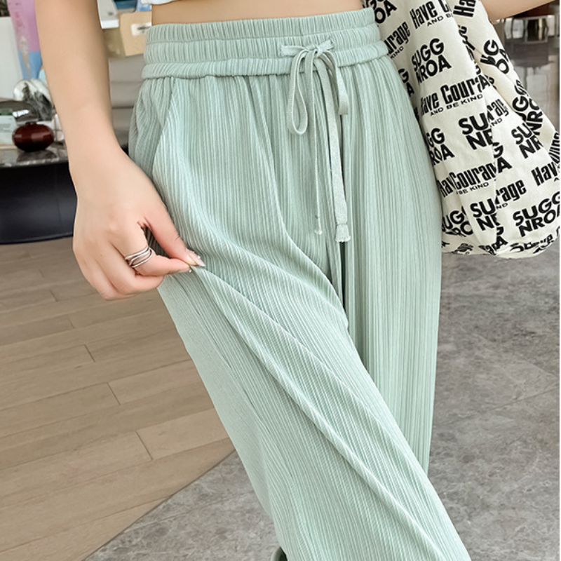 淺綠色 冰絲 闊腿褲 防蚊  高腰 垂感 窄版 直筒 涼涼褲 寬褲