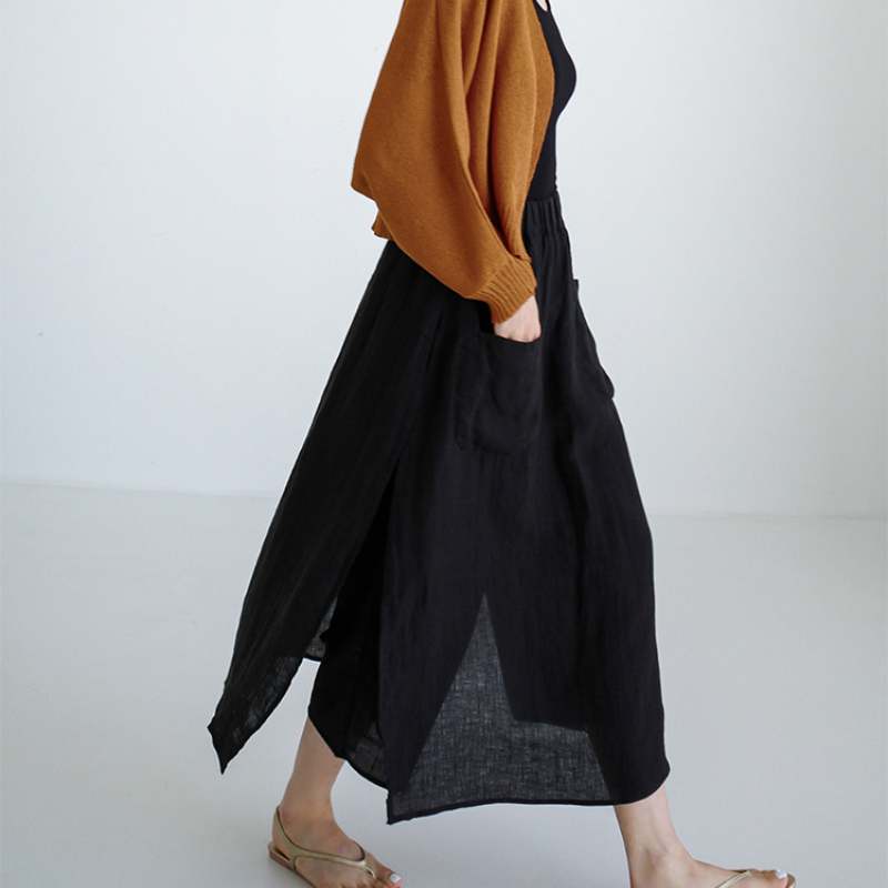 文藝 復古 假兩件 寬鬆 休閒 飄逸 顯瘦 九分 棉麻 開叉褲裙