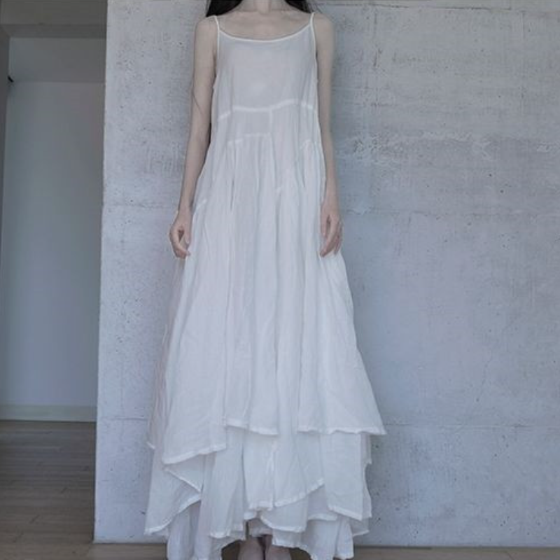 黑白超長不規則大擺吊帶洋裝